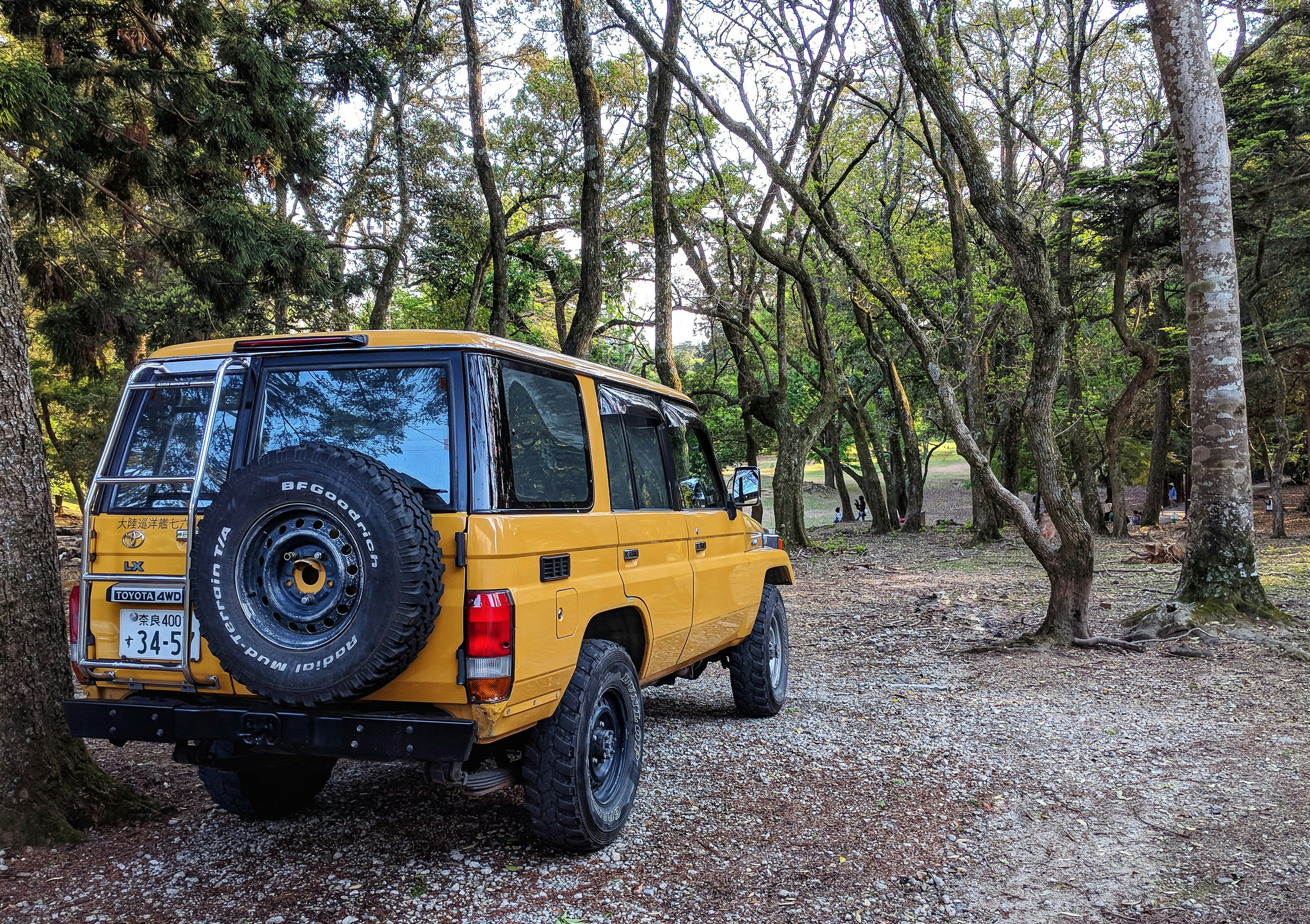 yellow and black suv parked near green trees during daytime